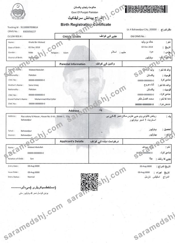 Pakistan Birth Registration certificate